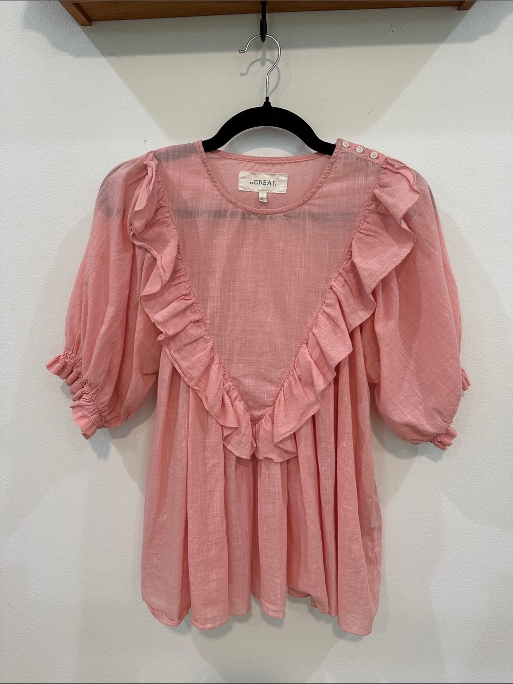 THE GREAT. Pink Ruffle Puff-Sleeve Blouse. Boho. Cottage Core. Coastal Cowgirl. - Picture 5 of 12